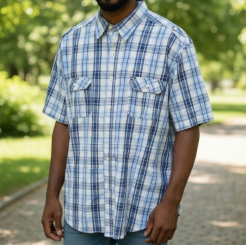 PD&C Men's White and Blue Plaid Shirt